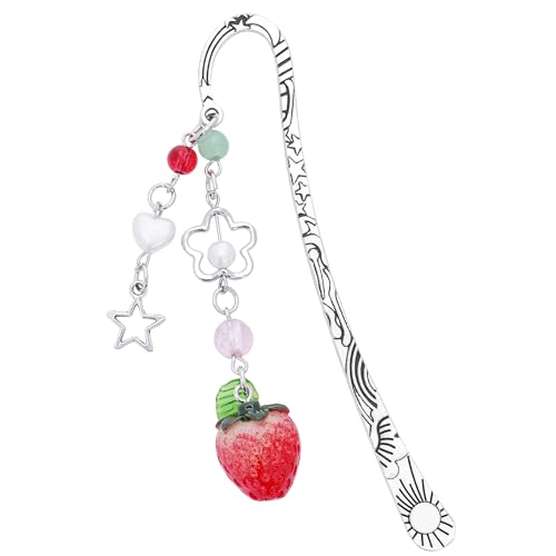 Unique Strawberry Bookmark Gift - Charm Pink Aesthetic Page Mark Cute Silver Chain Pendant Tassel Metal Bookmarks Reading Women Girl Friends Book Club Reader Birthday Valentines Retirement - style: Strawberry