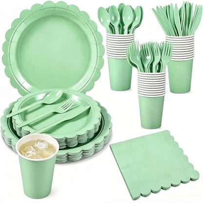 HoMaNa 175 Pcs Party Plates Set - 9" Dinner Plates & 7" Dessert Plates, 9 oz Paper Cups, Napkins, Paper Cutlery for 25 Guests – Birthday Party, Wedding, Baby Shower Tableware,Green