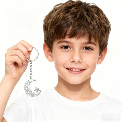 Islamic Ayatul Kursi Keychain Muslim Crescent Moon and Star Keyring Arabic Calligraphy Keyring Allah Amulet Jewelry - color: Silver+gold