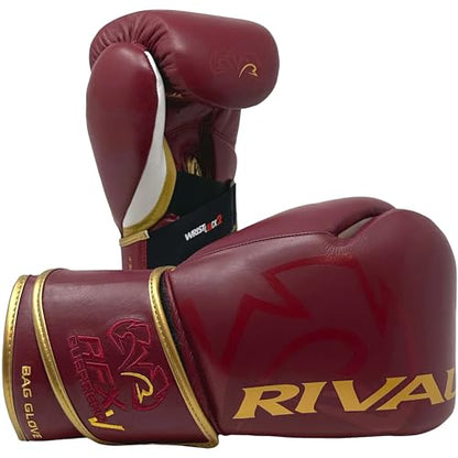 RIVAL Boxing RFX-Guerrero-V Bag Gloves, Multi-Layered Inner Foam Padding (HDEF), Premium Leather, Wrist Lock 2 System - color: Burgundy/Gold, size: 10 oz.