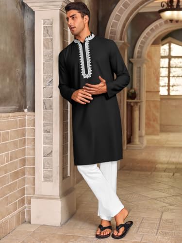 Runcati Mens Kaftan Thobe Cotton Henley Shirt Long Sleeve Embroidery Robe Casual Kurta Muslim Gown Shirt - color: Black, size: XX-Large
