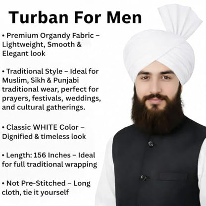 Turban For Men (156 Inches) Long Cloth – Muslim, Sikh, Punjabi Headwrap | For Prayer, Festivals & Special Occasions - color: White
