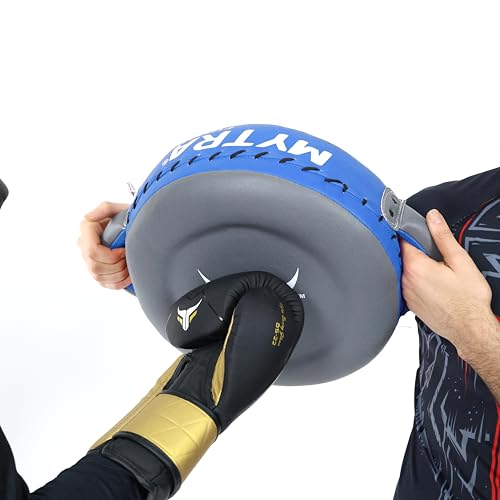Mytra Fusion Boxing Round Pad Kickboxing Coach Training Punching Focus Mitts for Martial Arts, MMA & Muay Thai, Strike Boxing Focus Pads for Speed, Focus & Accuracy - color: Grey/Blue