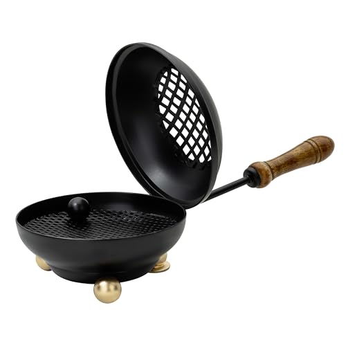Large Smoking pan [Diameter 4.33 inch, Length Approx. 9.84 inch], Made of Iron, matt Black, with Removable Sieve and Wooden Handle - color: Black - Large