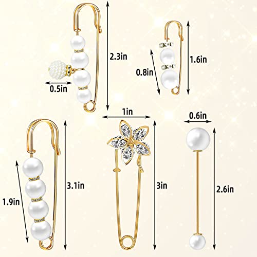 5 Pieces Pearl Brooch Safety Pins for Clothes Safety Pin for Women Fashion Sweater Shawl Collar Dresses Cardigan Clips Faux Crystal Pearl Brooches Set for Girls Jewelry Decoration Accessories (Gold)