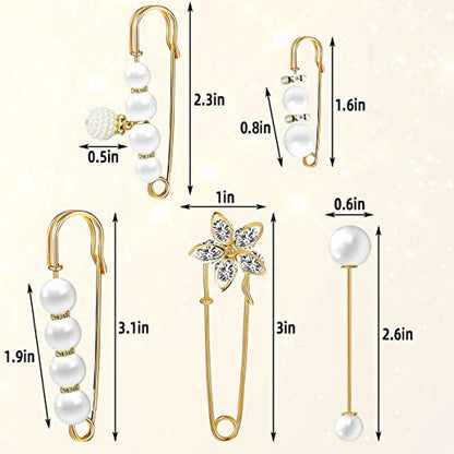 5 Pieces Pearl Brooch Safety Pins for Clothes Safety Pin for Women Fashion Sweater Shawl Collar Dresses Cardigan Clips Faux Crystal Pearl Brooches Set for Girls Jewelry Decoration Accessories (Gold)