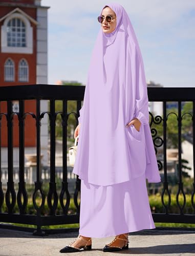 Abayas for Women Muslim Chiffon Prayer Burqa Dress Burkas for Women Muslim Hijab Dress Full Length Islamic Veil Abaya Set - color: Light Purple
