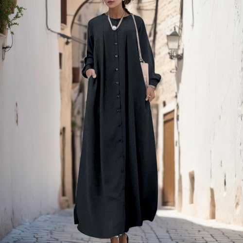 Muslim Dresses for Women Long Sleeve Muslim Prayer Dress Loose Button Down Tunic Flowy Maxi Dress Summer Clothes - color: Blue, size: 4X-Large
