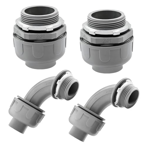 4 Pack 2 Inch Liquid Tight Connectors - PVC Electrical Conduit Fittings, Straight, 90 and 180 Degree Non-Metallic Flexible Connectors for Home, Bathroom, and Kitchen, Gray - size: 2 Inch 4-Pack (90D+180D)