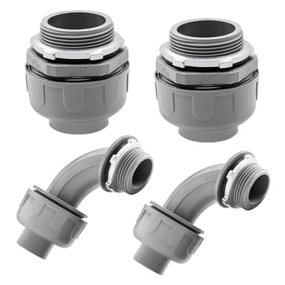 4 Pack 2 Inch Liquid Tight Connectors - PVC Electrical Conduit Fittings, Straight, 90 and 180 Degree Non-Metallic Flexible Connectors for Home, Bathroom, and Kitchen, Gray - size: 2 Inch 4-Pack (90D+180D)