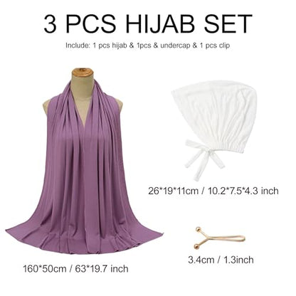 Hijab Scarf for Women, 3PCS Set with Undercap and Hijab Clip Lightweight Modal Muslim Head Wrap Scarf for Daily - color: Sy24-light Purple Hijab+white Undercap
