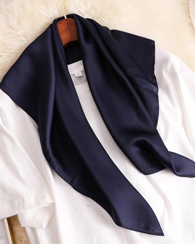 Saiusloa Solid Color Neck Scarf For Women Square Satin Head Scarves headband Bandanas 23.6× 23.6 inches - color: 17-dark Blue