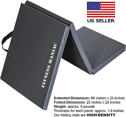 FITNESS MANIAC Tri-Fold Folding Thick Exercise Mat High-Density Firm with Carrying Handles New, MMA, Gymnastics, Stretching, Core Workouts, Black