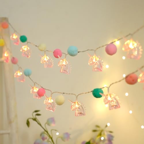 ChiRee Pom Poms String Lights with Unicorn Fairy Lights - color: Pink Blue Pompoms-Pink Unicorn