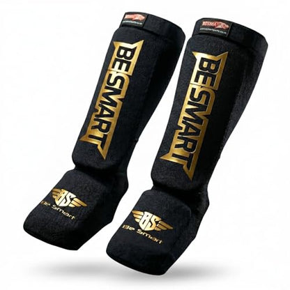 Be Smart MMA Shin Guards for Kickboxing, Muay Thai & Martial Arts – Padded Instep Protection, Lightweight Cotton Elastic Shin Pads – Adult & Youth Training Gear - color: Black/Gold, size: Small-Medium
