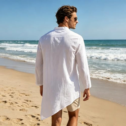 Mens Kaftan Thobe Robe Cotton Linen Long Sleeve Henley Shirt Casual Asymmetric Hem Muslim Kurta Gown Tops - color: White, size: XX-Large