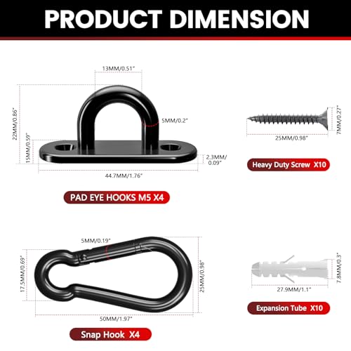 sprookber 304 Stainless Steel Pad Eye Snap Hooks, M5 Heavy Duty Ceiling Hooks, 500 lb Capacity Hammock Swing Hanging kit, Plant Hangers, Marine Hardware Staple Hook Loop with Screws, Set of 8(Black) - size: 2 Inch, style: Black Oval