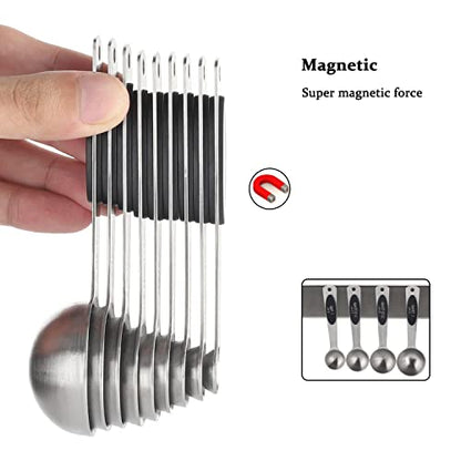 Magnetic Measuring Spoons Set of 9 Stainless Steel Measuring Spoons | Heavy Duty Nesting Teaspoons Tablespoons for Measuring Dry and Liquid Ingredients