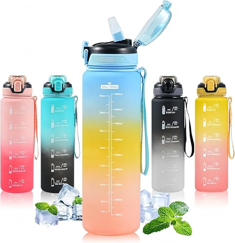Water Bottle with Straw 1L,Boys Water Bottles with Straw 1 Litre,Waterbottle Leak-Proof Sports Water Bottle,Plastic Drinks Bottles Toxin Free，Bpa-Free (Blue Yellow) - color: 04-Blue Yellow