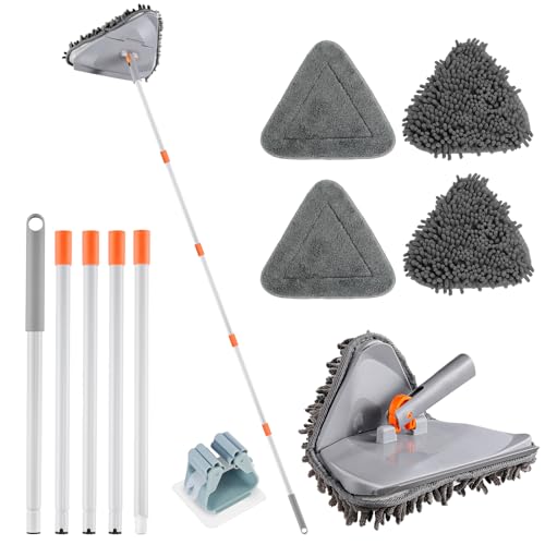 RONSUNG Wall Cleaner Mop, 82-Inch Handle, Baseboard Cleaner Tool, 4 Pads | Wall scrubber with long handle, triangle head, squeegee, and 4 pads for walls, ceilings, windows, baseboards, and floors - color: Gray, size: 4 Pads