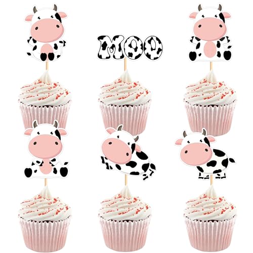 Ercadio 30Pcs Cow Cupcake Toppers Farm Animals Cow Moo Cupcake Picks Cow Theme Baby Shower Kids Birthday Farm Animal Theme Party Cake Decorations Supplies - color: Cow Pink