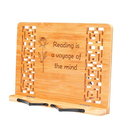 MEGREZ Book Stand for Reading (13.2 x 9.4 inch) Bamboo Cookbook Stand Holder for Kitchen, Adjustable Book Holder Stand for Tablet/Textbook Holder/Hollow Bookrest Stand,Reading is A Voyage of The Mind - color: Reading is a Voyage of the Mind