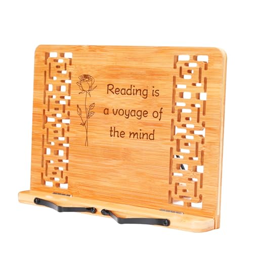 MEGREZ Book Stand for Reading (13.2 x 9.4 inch) Bamboo Cookbook Stand Holder for Kitchen, Adjustable Book Holder Stand for Tablet/Textbook Holder/Hollow Bookrest Stand,Reading is A Voyage of The Mind - color: Reading is a Voyage of the Mind