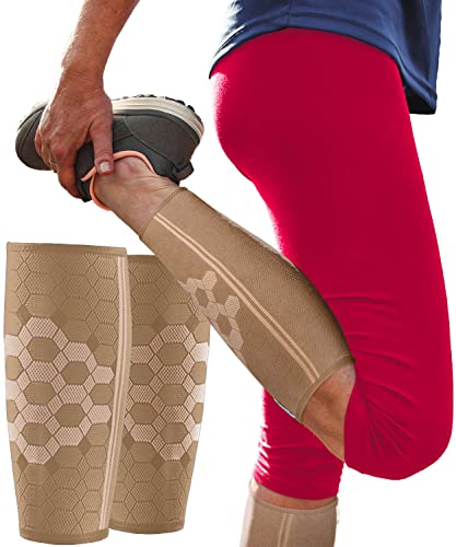 Sparthos Calf Compression Sleeves, Shin Splint Relief Men, Women - Beige-M | Leg Compression Sleeves (1 Pair), Varicose Veins, Pain & Cramp Recovery, Air Travel, Nurses, Maternity, Running, Soccer - color: Desert Beige