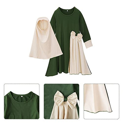 IBTOM CASTLE Abaya for Girl Kids Hijab Scarf Muslim Dress Two-piece Ramadan Prayer Clothes Islamic Arabic Kaftan Khimar Robe - color: Green, size: 1-2T