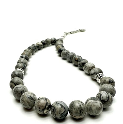 Elegant 8mm Jasper Map Agate Handmade Tasbih – Gemstone Muslim Prayer Beads, Metal Tassel with Special Case | Islamic Gifts for Dhikr, Namaz, Meditation - size: 33 Beads