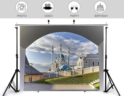 9x9ft Blue Dome Mosque Viewed Through Stone Arch Backdrop Islamic Architecture Photography Background Tapestry Party for Travel Events Home Wall Decorations Banner Photo Booth Props - size: 9x9ft