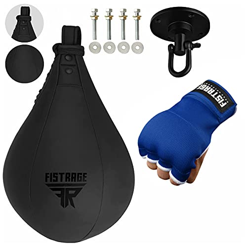 FISTRAGE Speed Ball Boxing Hand Wraps MMA Muay Thai Training Punching Dodge Striking Bag Leather Kit Hanging Swivel Workout Speedball Kicking with Mitt - color: Blue, size: Large-X-Large