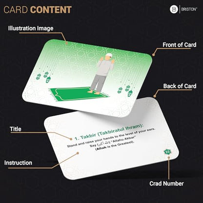Briston Muslim Prayer Flash Cards – Islamic Learning Guide for Salah, Wudu, Jumah & Tahajjud – Step-by-Step Instructional Cards with Arabic, English Translation & Transliteration – Quran & Hadith