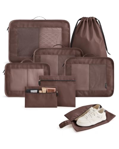 LIGHT FLIGHT 8 Set Packing Cubes for Travel, Cruise Ship Travel Essentials - color: Coffee Brown