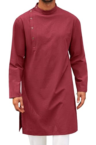 Runcati Mens Kaftan Thobe Robe Long Sleeve Muslim Gown Kurta - color: Burgundy, size: Large