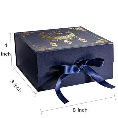 WRAPAHOLIC Eid Mubarak Gift Box with Satin Ribbon, 8x8x4 Inches Blue Collapsible Gift Box with Magnetic Closure for Eid Party, Ramadan, Gift Wrap, Storage