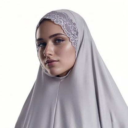 Prlemend 여성용 무슬림 히잡 두바이 실크 스카프 레이스 헤드 랩 스카프 단색 숄 | Milk Silk Fabric, Lace Edge - color: 회색., size: 미디엄