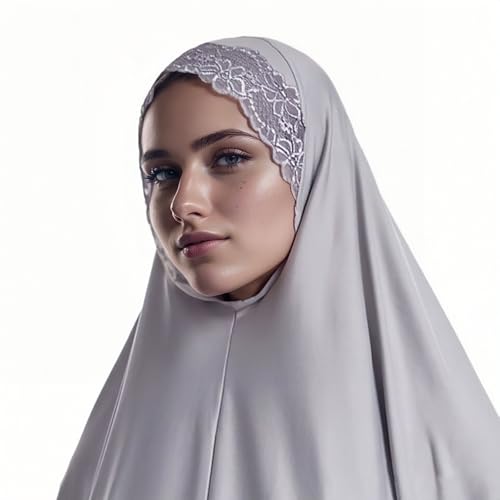 Prlemend 여성용 무슬림 히잡 두바이 실크 스카프 레이스 헤드 랩 스카프 단색 숄 | Milk Silk Fabric, Lace Edge - color: 회색., size: X-Large