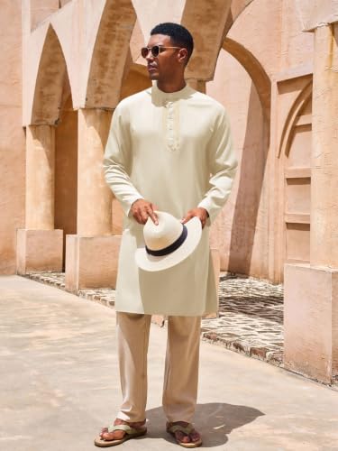 Yousify Mens Kaftan Thobe Casual Henley Shirts - color: Beige, size: Large
