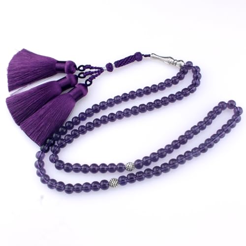 Muslims Islamic Dhikr 99 Tasbeeh Tasbih Prayer Beads, Purple Glass Beads with Tassel