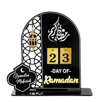 Black Acrylic Countdown Advent Calendar 31 Days Til Eid' Lantern Design, Eid Mubarak Ornament for Ramadan Kareem Tabletop Decorations