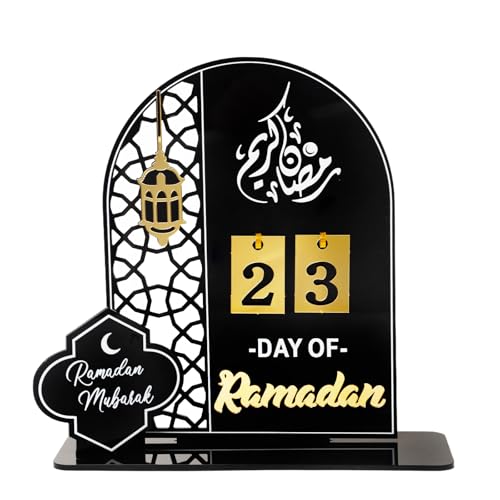 Black Acrylic Countdown Advent Calendar 31 Days Til Eid' Lantern Design, Eid Mubarak Ornament for Ramadan Kareem Tabletop Decorations