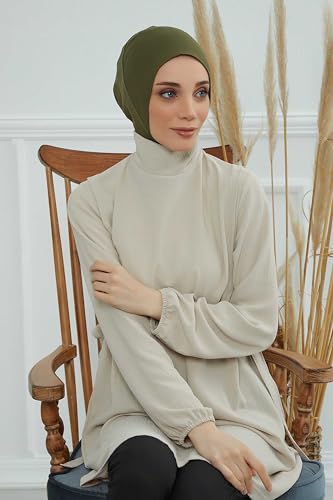 Aisha's Design Instant Turban 95% Cotton Head Scarf Headwear Combed Cotton Ninja Cap, Slip on Jersey Hijab - color: Olive Green
