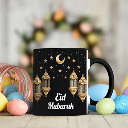 Eid Mubarak Mug, Islamic Coffee Mug, Crescent Moon and Lanterns Cup, Muslim Holiday Gift, Eid Celebration Drinkware, Elegant Gold Lantern Design, Ceramic Tea Cup for Home and Office