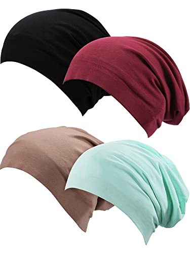 SATINIOR 4 Pieces Satin Lined Sleep Cap Silk Bonnet for Sleeping Women, Silk Hair Wrap Slouch Beanie Hat - color: Black, Wine Red, Khaki, Green