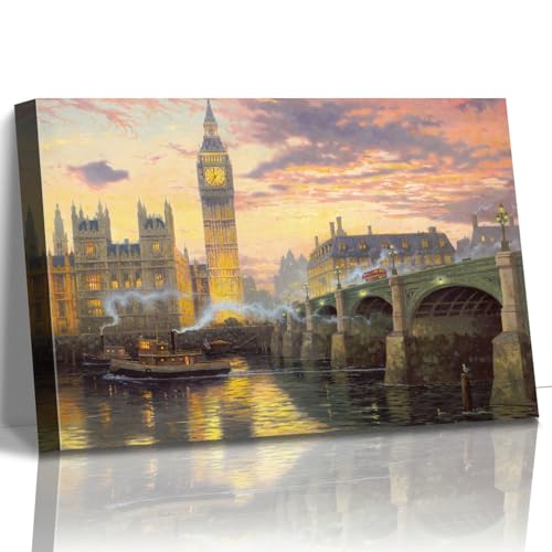 STUDIO HAVEN Thomas Kinkade Canvas Wall Art, London Skyline Big Ben River Thames Stone Bridge Sunset Glow Oil Painting Poster Iconic Cityscape Wall Decor, Framed Prints for Home Decor, 16x12Inch - color: Thomas033, size: 16"L x 12"W