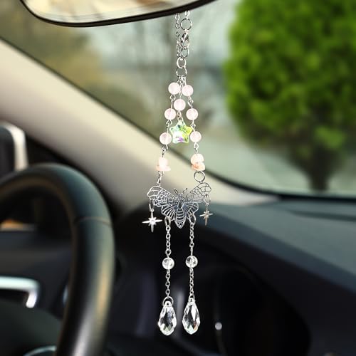 Car Rear View Mirror Accessories Car Hanging Ornament, Butterfly Boho Rearview Decor Charm White Jade&Rose Quartz Beaded Crystal Unique Cute Swinging Interior Handmade Decor for Women Men - color: Butterfly03