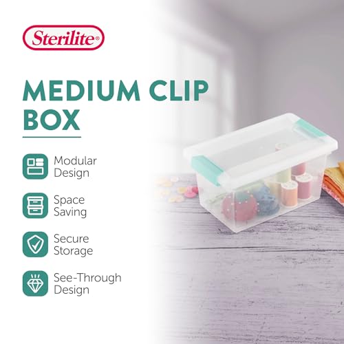 Sterilite Medium Clip Box Stackable Storage Bin with Latching Lid for Home, Office, School, Organize Paper, Notebooks, Crafts, Clear Lid, Base, 1-Pack