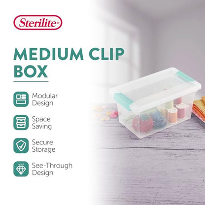Sterilite Medium Clip Box Stackable Storage Bin with Latching Lid for Home, Office, School, Organize Paper, Notebooks, Crafts, Clear Lid, Base, 1-Pack