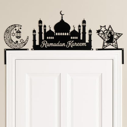 Blulu 3 Pcs Ramadan Door Decoration Metal Ramadan Mubarak Door Topper Eid Mubarak Frame Decoration for Islamic Muslim Cabinet Shelf Window Wall Home Office Kitchen Decor(Eid) - style: Eid